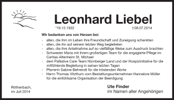 Traueranzeige von Leonhard Liebel von Pegnitz-Zeitung